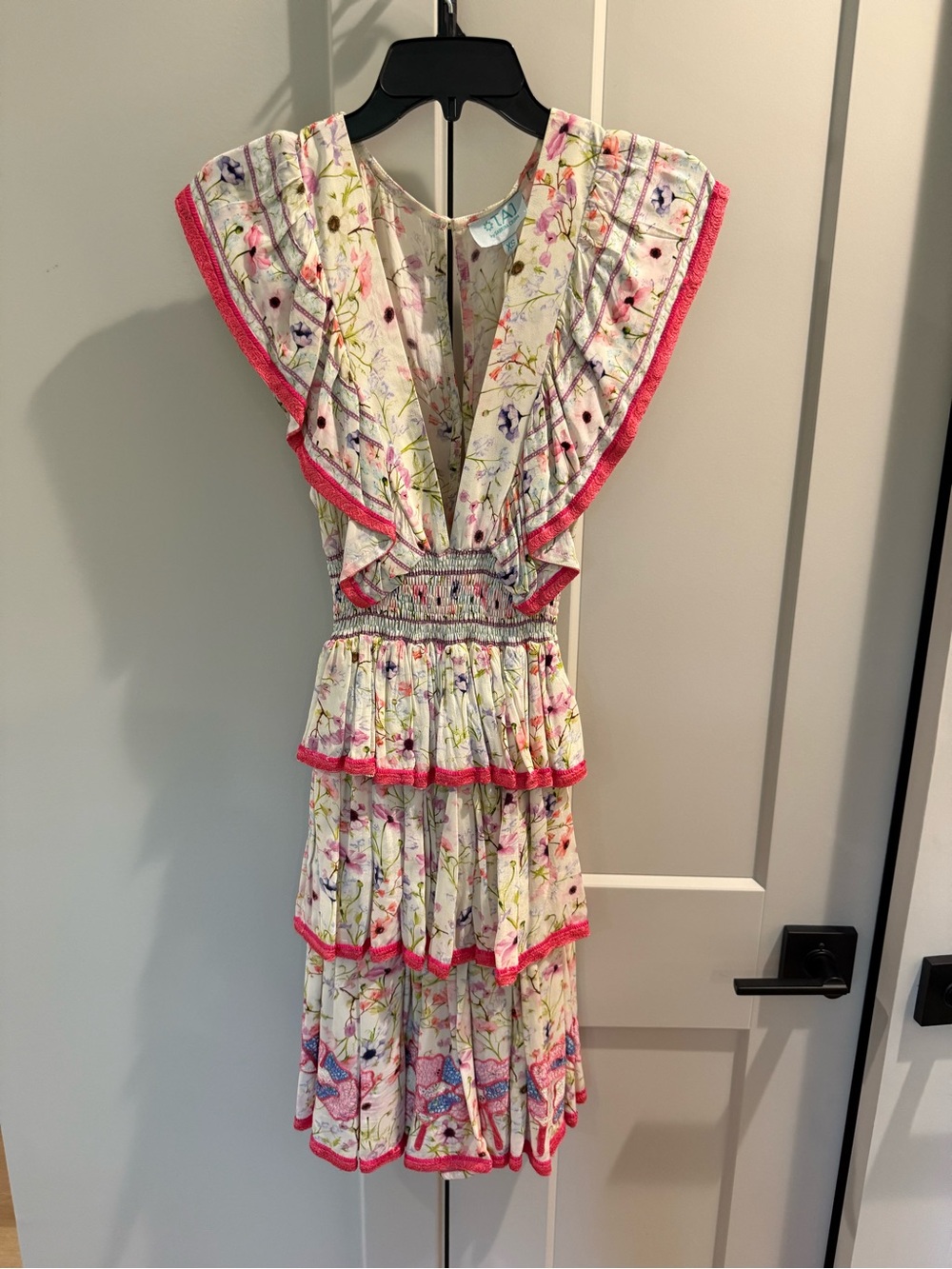 TAJ by Sabrina Crippa Floral Tiered Mini Dress with Pink Trim
